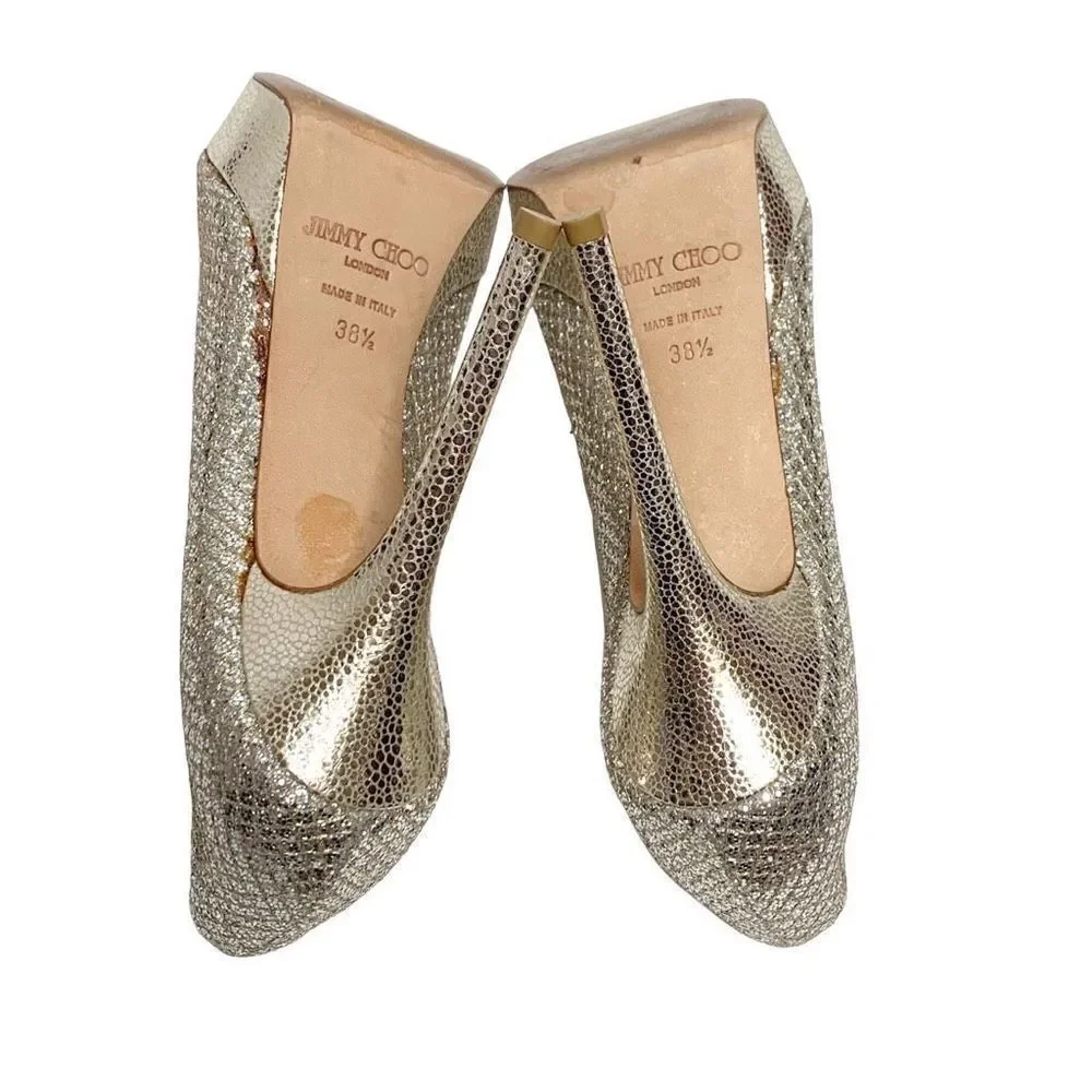 Jimmy Choo Gold Champagne Glitter Luna Peep Toe Platform Pumps Women’s Size 38.5